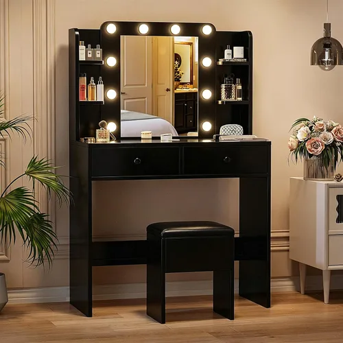 Vista 7 de Haewon Escritorio de maquillaje con espejo iluminado y juego de silla Negro
