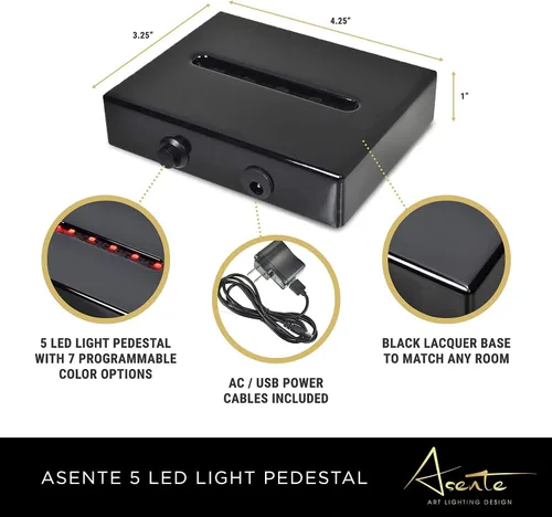 Vista 2 de Pedestal de 5 luces LED – Base programable de satén negro mate con alimentación AC/USB – para arte de cristal 3D – Trofeo, Orbe y bases de luz