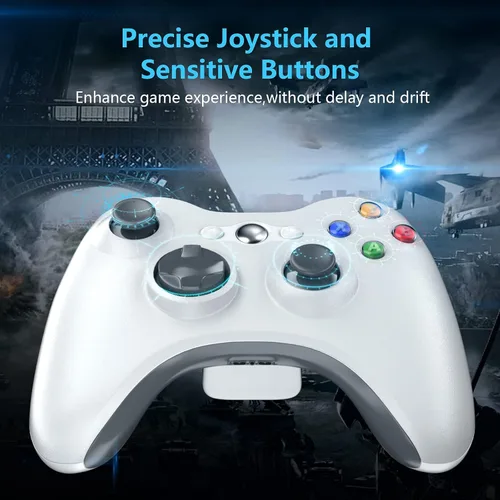 Vista 6 de Controlador inalámbrico para Xbox 360, 2.4GHZ Gamepad Joystick Control remoto para PC Windows 7,8,10 con adaptador receptor, blanco
