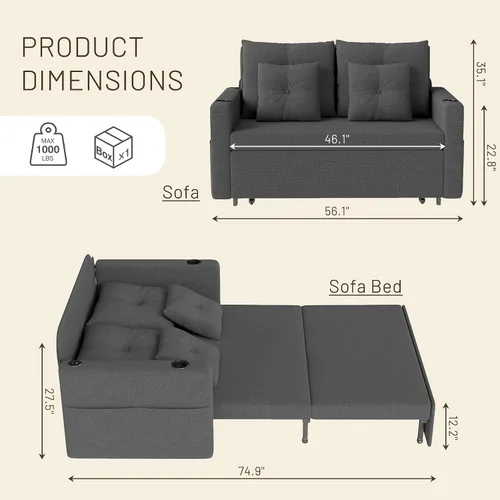 Vista 3 de Krcix Sofá cama 3 en 1, sofá cama extraíble de 56 pulgadas, sofá biplaza