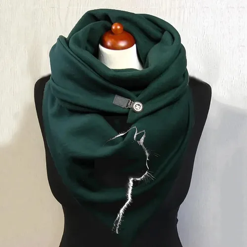 Vista 2 de Bufanda cálida para mujer con estampado de gatos cálida resistente al viento con hebilla de doble capa turbante de invierno para mujer verde
