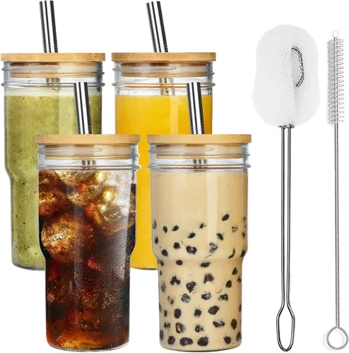 Vista 11 de ALINK Paquete de 2 vasos de vidrio con tapas y pajitas de bambú, vaso de vidrio Mason de 22 onzas, tazas Boba reutilizables, vasos de café helado