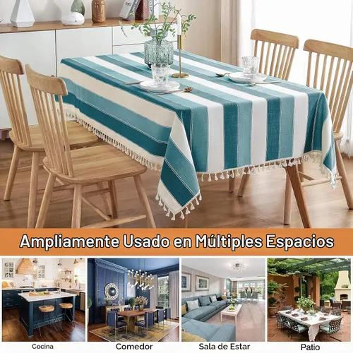 Vista 5 de AmHoo Mantel rectangular con borlas a rayas para mesa de cocina y comedor, 55 x 55 pulgadas, color verde azulado