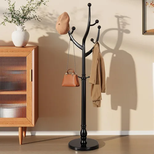 Vista 11 de Perchero de Madera Independiente con 8 Ganchos, Soporte para Abrigos de Servicio Pesado con Base Estable, Perchero Vintage de Pie para Entrada