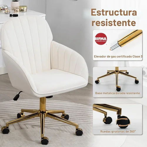 Vista 6 de Silla de tocador de terciopelo con ruedas y base dorada, 330 libras Beige