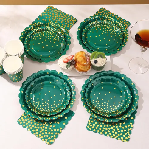 Vista 5 de 175 piezas de decoración de fiesta verde y dorada - Suministros de fiesta con platos y servilletas verdes - Platos de papel festoneados
