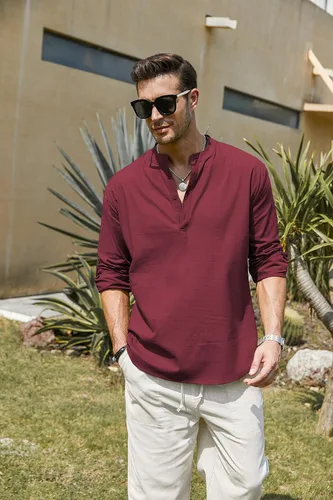 Vista 4 de COOFANDY - Camisa de lino y algodón con cuello Henley, de manga larga, estilo hippie, informal, camisetas de playa