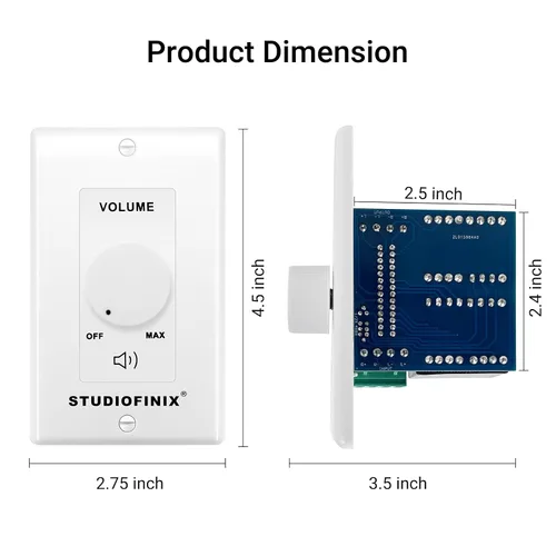 Vista 6 de STUDIOFINIX Interruptor de control de volumen de 100W en pared con perilla de ajuste de impedancia - Interruptor controlador estéreo de altavoces