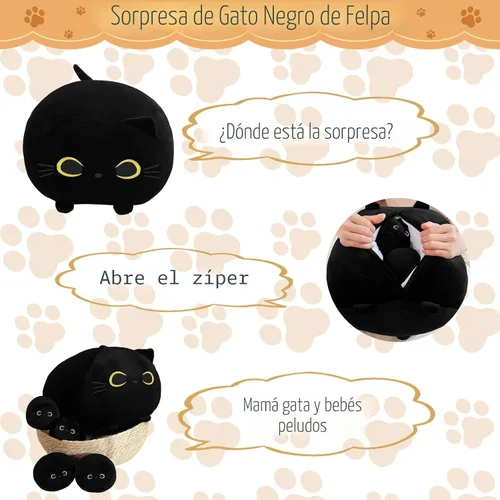 Vista 3 de TOYSYM Gato Negro de Peluche Mamá Gato de Peluche Juguetes con 4 Bebés Blanditos en su Vientre Almohadas Suave Lindas para Abrazar para Niños y Niñas