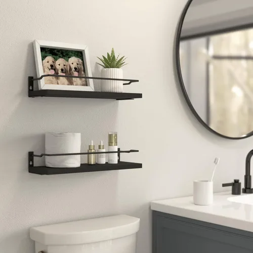 Vista 2 de RICHER HOUSE Estantes de baño, organizador de estante de pared flotante negro sobre inodoro de almacenamiento con 2 estantes