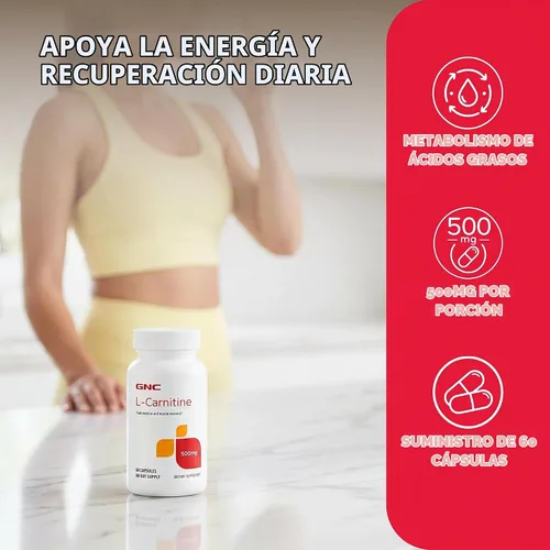 Vista 3 de GNC Suplemento de L-carnitina de 500 mg, 60 cápsulas, suministro para 60
