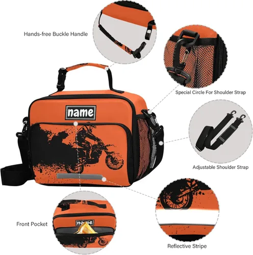 Vista 3 de Bolsa de almuerzo deportiva de motocross vintage personalizada para niños y niñas, bolsas de almuerzo personalizadas con tu nombre, lonchera aislada