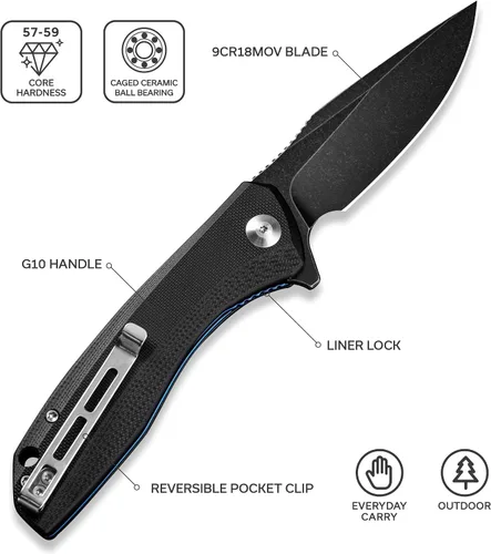 Vista 2 de CIVIVI Navaja de bolsillo plegable Baklash C801H (doble negro) Acero 9Cr18MoV, clip reversible, trazador de líneas de bloqueo, para hombres, EDC