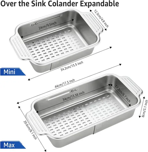 Vista 6 de pollock Colador de fregadero plegable 4 en 1 para cocina, acero inoxidable 304 de grado alimenticio sobre el colador, extiende la cesta de drenaje