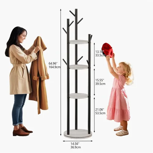 Vista 2 de Espelism Perchero giratorio independiente de metal para el recibidor con diseño de árbol, soporte con 4 niveles de exhibición de almacenamiento y 9