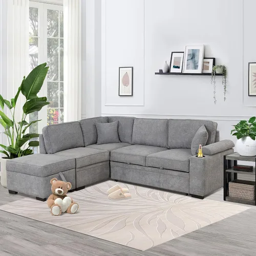 Vista 19 de Sofá cama modular de 104 pulgadas con diván de almacenamiento y taburetes para sala de estar, moderno sofá cama extraíble de 3 asientos