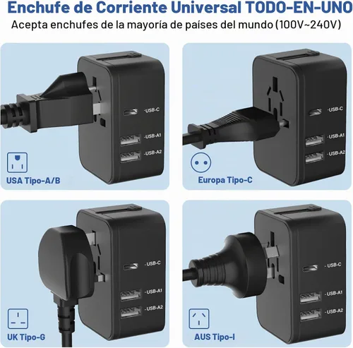 Vista 5 de Adaptador de enchufe de viaje con 2 USB A+1 USB C, adaptador de viaje universal todo en uno, convertidores de corriente, cargador de pared