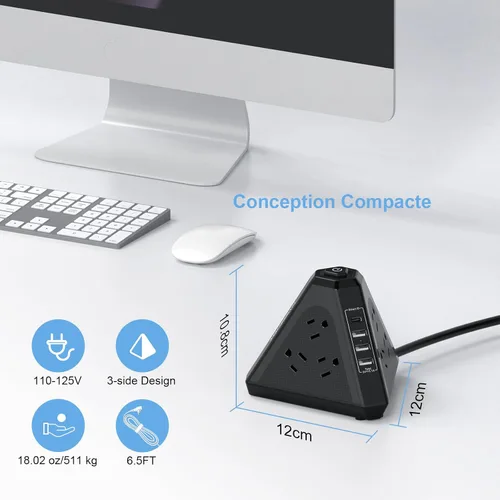 Vista 6 de NVEESHOX - Regleta de alimentación con protector de sobretensiones en torre, 9 salidas de CA con 4 puertos USB (1 USB C), enchufes triangulares de 3