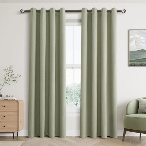 Vista 50 de Beige White Linen Blackout Curtains 90 Length 2 Panels Set for Living Room Bedroom, 100% Black Out Thermal Insulated Linen Drapes, Room Darkening