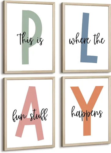 Vista 9 de Arte de pared para sala de juegos para niños, decoración de pared para habitación de niños, impresión en lienzo para sala de juegos para bebés