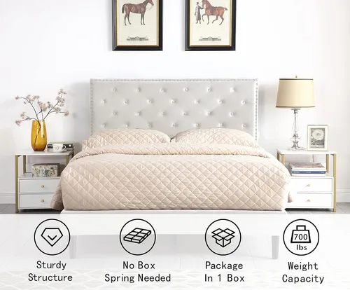 Vista 4 de Base de cama de plataforma tapizada completa con cabecero ajustable de 48 pulgadas de alto, cama de terciopelo de gamuza copetuda con botones
