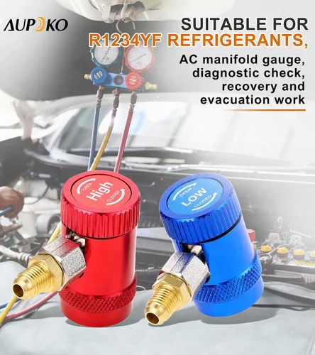 Vista 4 de Aupoko R1234yf Acoplador rápido, ajustable R1234yf Adaptador de acopladores rápidos de lado alto y bajo con destello SAE de 1/4", herramientas