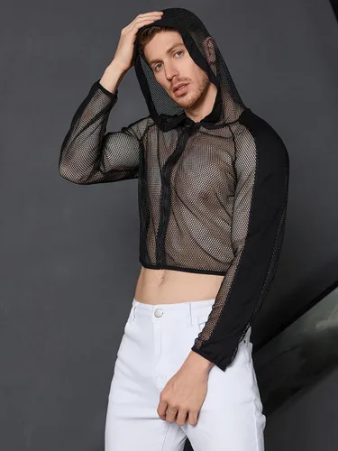 Vista 7 de WDIRARA Sudadera de manga larga con capucha y cremallera frontal de malla transparente para hombre