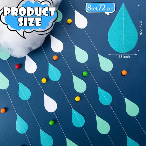 Vista 3 de 16 piezas de decoración de nube en 3D, nubes colgantes azules y gotas de lluvia para decoración de techo colgante para fiestas, guardería
