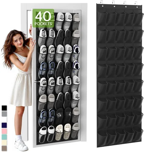 Vista 10 de Organizador de zapatos colgante sobre la puerta con 40 bolsillos grandes de malla transpirable, soporte de zapatos que ahorra espacio, estante