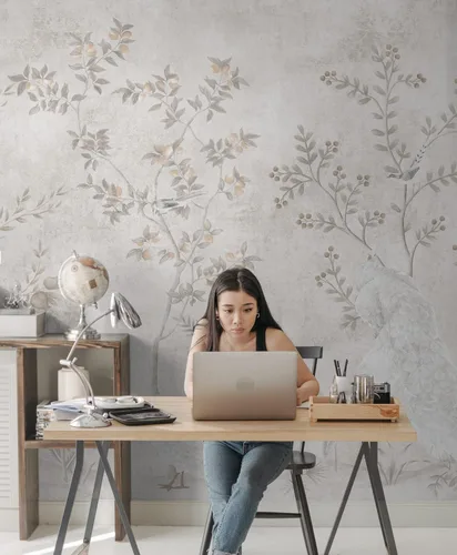 Vista 3 de Murwall Bright Chinoiserie Wallpaper Peacock Birds with Fruit Trees Wall Mural Monochrome Chinese Wallpaper
