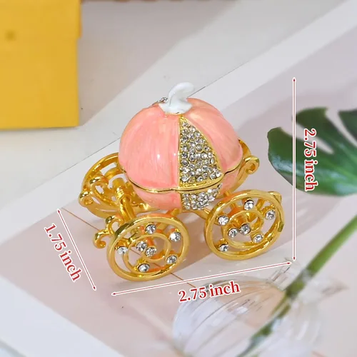 Vista 8 de Caja de joyería de carro de calabaza de diamante de plata, carro de calabaza de Cenicienta decorativo con bisagras caja de baratija de joyería
