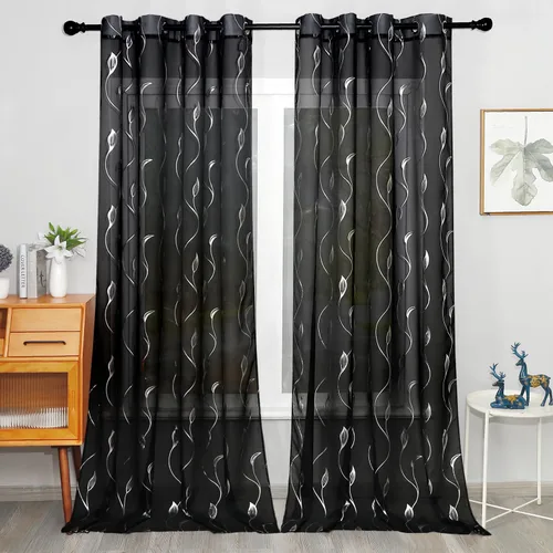 Vista 10 de Youleyar - 2 paneles de cortinas de gasa con estampado de lámina dorada, con ojales en la parte superior, para ventana, de 63 pulgadas de largo