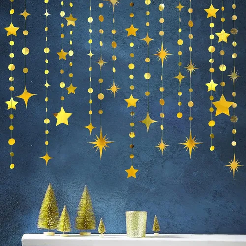 Vista 3 de Guirnalda de papel dorada para decoración de fiesta con estrellas, círculos y puntos, papel brillante, banderines, serpentinas metálicas