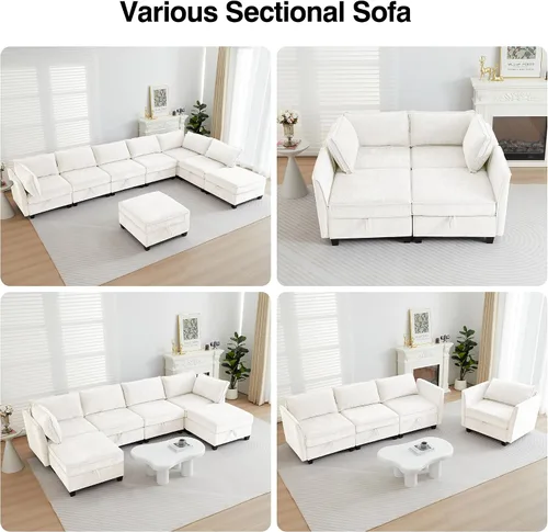 Vista 6 de ORRD Juego de sofá modular esquinero de gran tamaño, sofá convertible en forma de L con almacenamiento, sofá modular de 8 plazas con otomanas y Beige