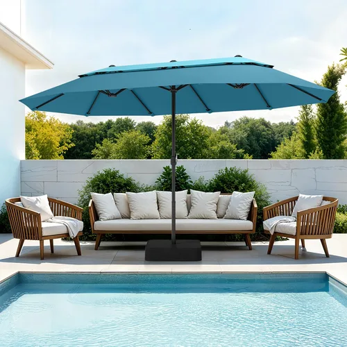Vista 22 de PHI VILLA Sombrillas para patio al aire libre de 13 pies con base incluida, sombrilla rectangular de doble cara de 2 niveles para exteriores