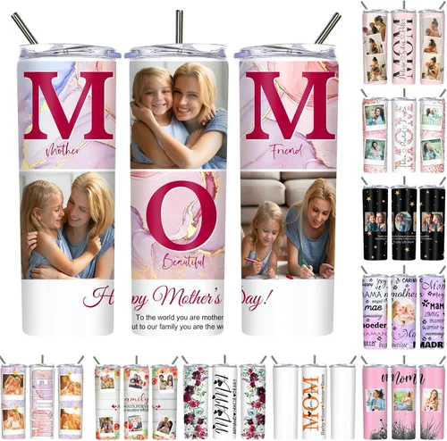Vista 22 de Regalos para el Día de la Madre, vaso personalizado con foto de mamá, vasos delgados con tapa de nombre y pajita, 20 onzas, taza de café de viaje