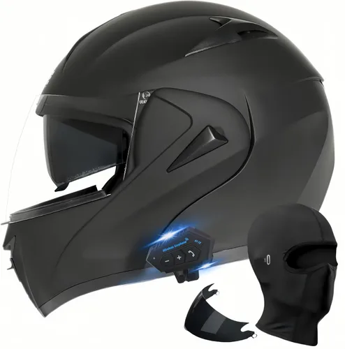 Vista 10 de Casco modular Bluetooth para motocicleta, aprobado por DOT, doble visera, abatible, de cara completa, con Bluetooth, casco de motocicleta integrado