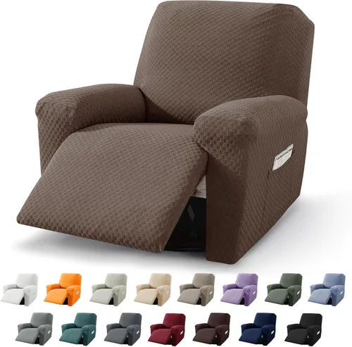 Vista 30 de YEMYHOM Funda elástica de 4 piezas para silla reclinable de jacquard con bolsillo lateral, antideslizante, ajustable, protector de muebles con parte