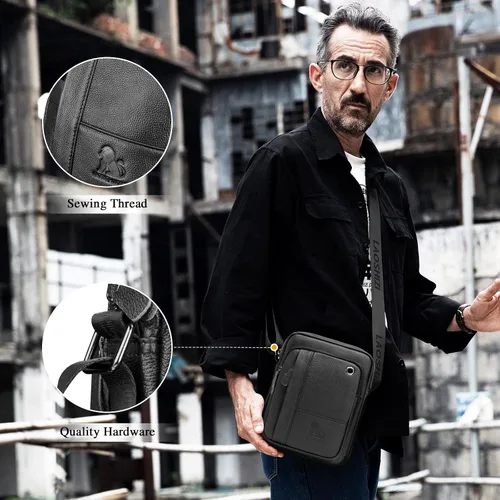 Vista 6 de BAIGIO Bolso bandolera de cuero pequeño para hombre bolso bandolera para viajes negocios trabajo