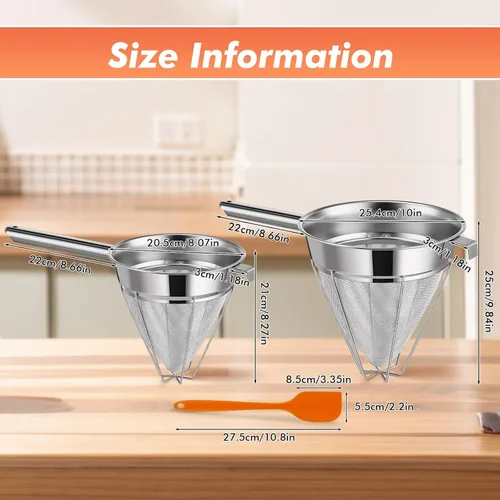 Vista 2 de Nuogo Juego de 2 coladores chinos de acero inoxidable de malla fina de metal para caldo de alimentos, colador de malla fina con mango y espátula