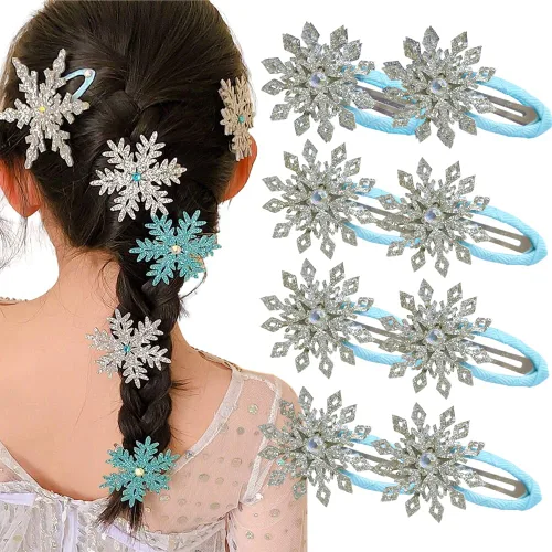 Vista 7 de 8 piezas de pinzas para el cabello con copo de nieve azul y blanco, accesorios para el cabello de Navidad para mujeres, lazo de Navidad para el Azul
