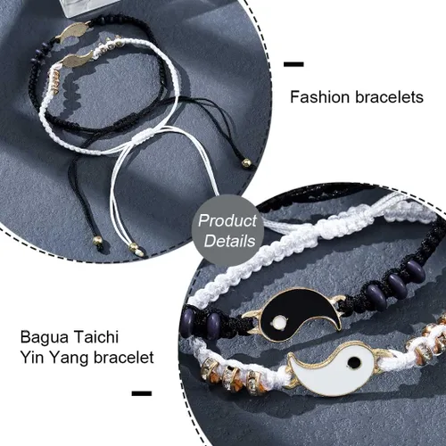Vista 4 de Gangel Pulseras Yin Yang Tai Chi Bagua para pareja, novio, novia, amiga, hermana (1 par), Aleación de zinc+cuerda, Sin gemas.