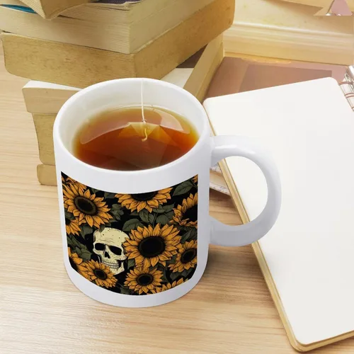 Vista 4 de Tazas de Halloween con diseño de calavera de girasol para café de cerámica, diseño de esqueleto, vintage, regalo para el día de la madre, regalo