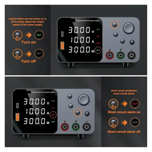 Vista 5 de Fuente de alimentación de 30V 10A CC Fuente de alimentación de banco de CC regulada de conmutación variable para carga rápida Pantalla LED