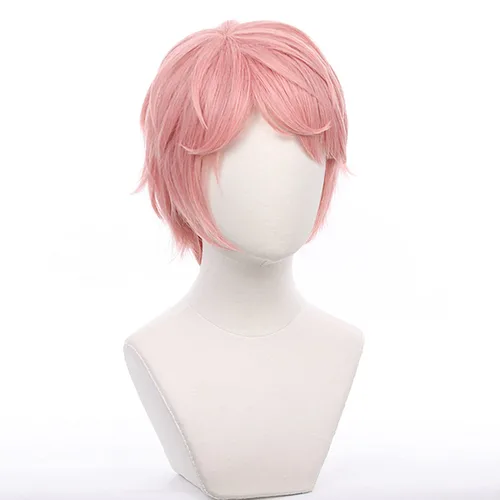 Vista 2 de XiongXiongLe Peluca corta de color rosa para cosplay, Halloween, anime, rol, disfraz de hombre, pelo sintético rizado para adultos, fiesta