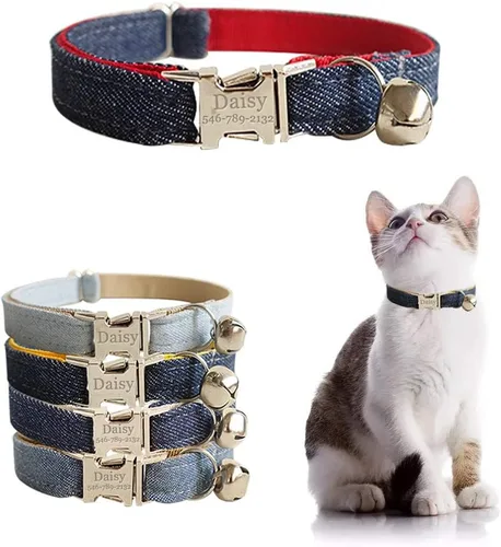 Vista 10 de Collar de gato personalizado con placa de nombre, collares ajustables de nailon resistente para identificación de gato con campana, personaliza