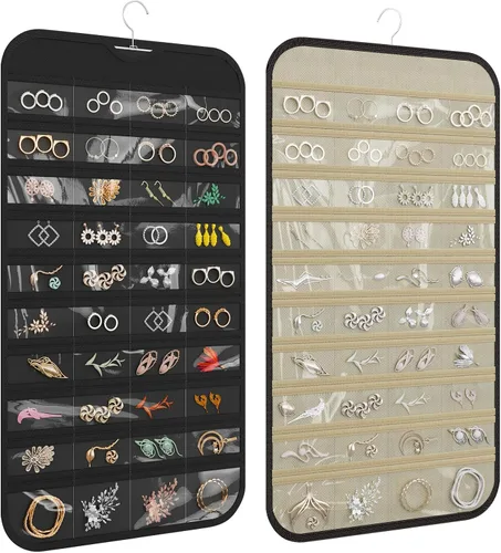 Vista 10 de Organizador colgante de joyas con 80 bolsillos de almacenamiento de doble cara, 1 paquete, color beige