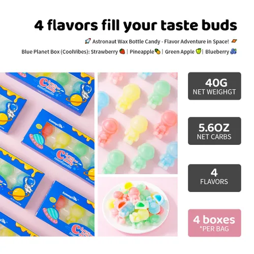 Vista 4 de Gummy Glow Astronaut Wax Candy, botellas de cera retro de 4 sabores (4 cajas) tratamiento nostálgico (fruta mixta (4 sabores))