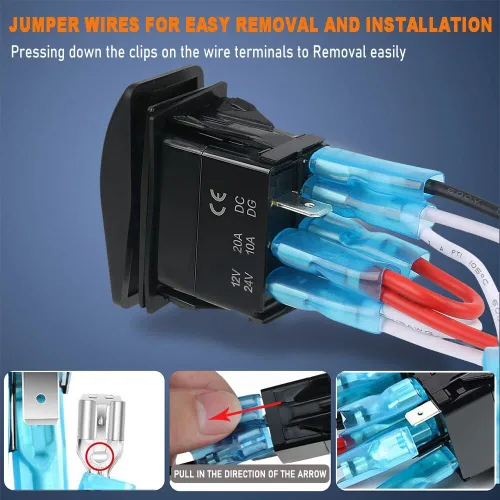 Vista 7 de Interruptor basculante momentáneo (ON) - Apagado (ON) Impermeable 12V/20A 24V/10A 7Pin DPDT luz LED verde, con cables de puente para barco