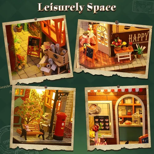 Vista 4 de Kit de casa en miniatura para hacer bricolaje, kit de casa de muñecas en miniatura, rompecabezas de madera 3D de café con fundas LED a prueba